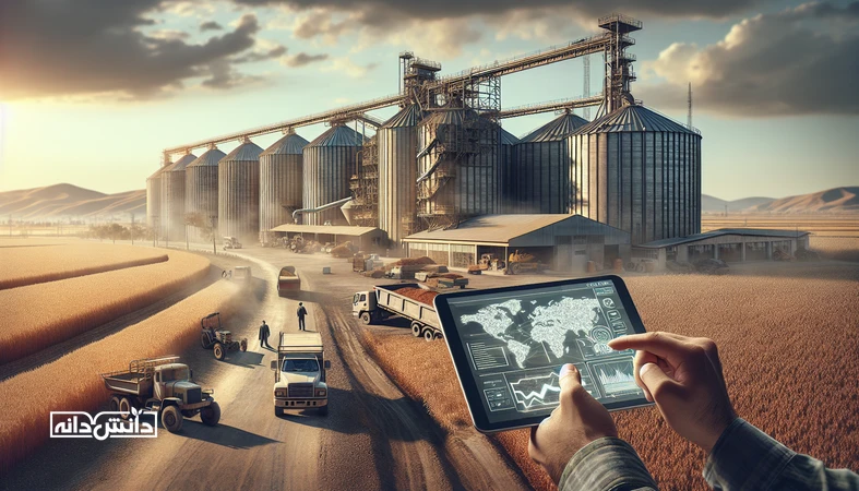 تصویر واقع‌گرایانه از محیط صنعتی-کشاورزی با تبلت و داشبورد محو، برای تحلیل شکست استارتاپ‌های کشاورزی و خطاهای GTM در AgriTech