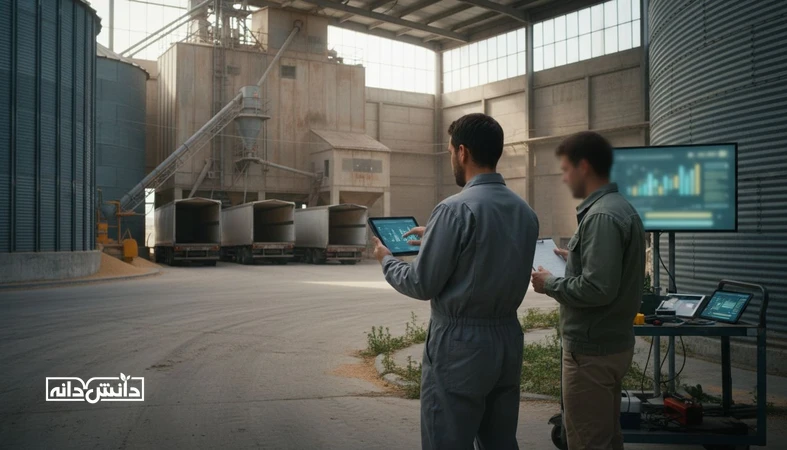 نمای صنعتی از سیلو و کارخانه خوراک با فضای داده محور برای موضوع جذب مشتری اول صنعتی در AgriTech و استراتژی ورود به بازار B2B