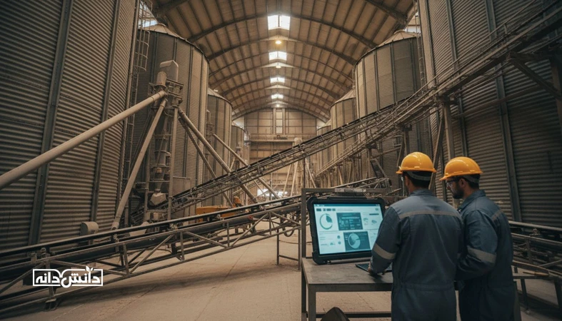 نمای صنعتی از سیلو و خط تولید خوراک با داشبورد تحلیلی محو، نماد عبور محصول AgriTech از MVP به قرارداد B2B