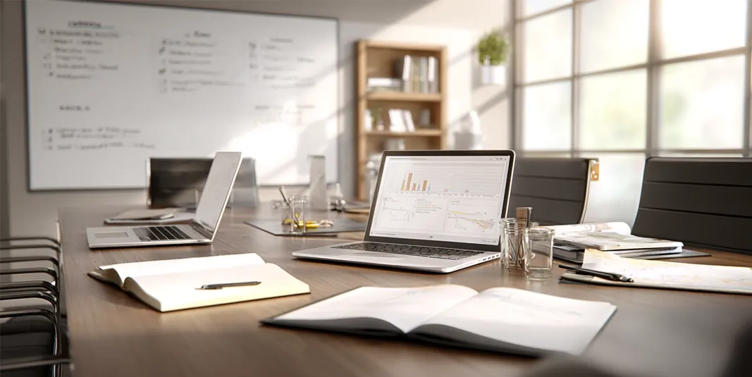 میز جلسه کاری با لپ‌تاپ‌های باز، دفترچه یادداشت، نمودارهای تحلیلی روی صفحه نمایش و نور طبیعی در فضای اداری مدرن