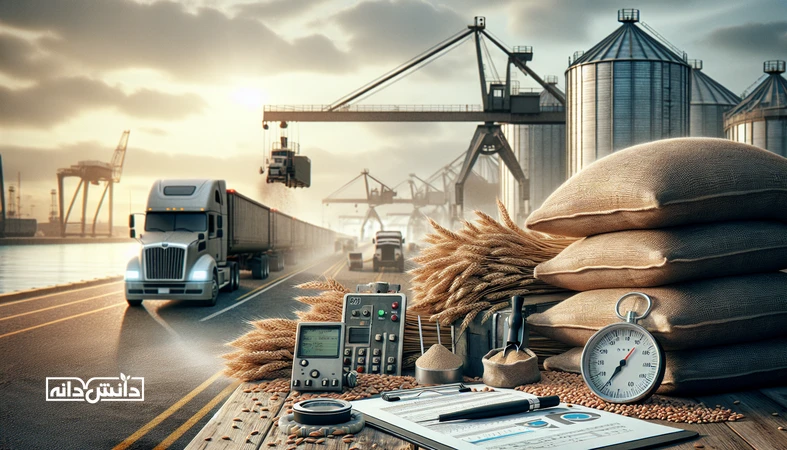 نمایی مستند از زنجیره تامین جو دامی در ایران با سیلو، کامیون حمل و نمونه‌گیری کیفیت؛ نشان‌دهنده اختلاف قیمت جو دامی بین استان‌ها بر اساس عرضه محلی و کرایه حمل و کیفیت