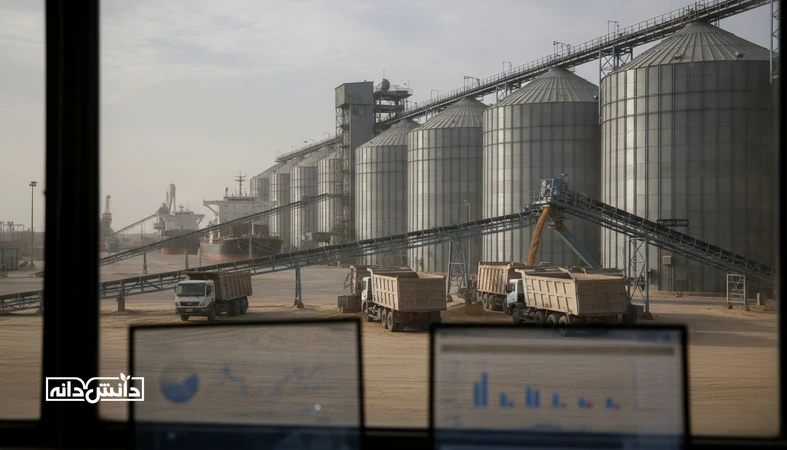 نمایی واقع‌گرا از سیلو و لجستیک غلات با حس داده‌محور، مرتبط با سهمیه‌بندی نهاده در بازارگاه و برنامه‌ریزی خرید واحدهای تولیدی