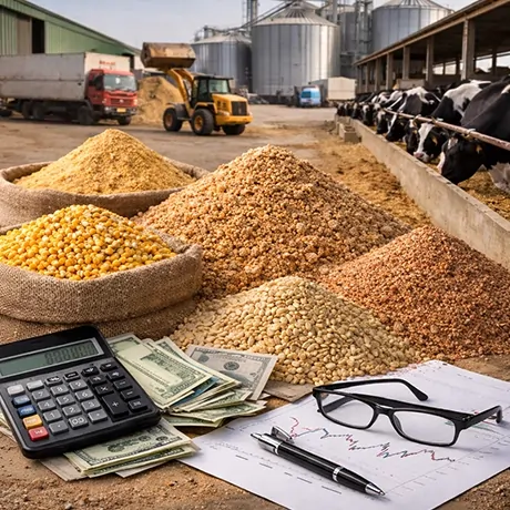 نمایی گسترده از یک انبار ذخیره نهاده‌ها، با کیسه‌ها و توده‌های مختلف غلات و خوراک دام، و یک ماشین حساب، پول و اسناد روی میزی در جلو.