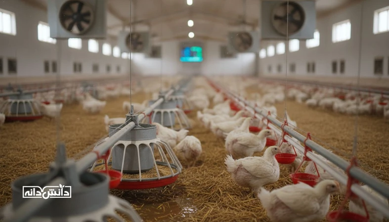 نمای داخل سالن مرغ گوشتی با خطوط نیپل آبخوری و دانخوری‌ها؛ تصویر مرتبط با خطاهای مدیریتی مؤثر بر افت ضریب تبدیل خوراک (FCR) و نقش آب، تهویه و تراکم