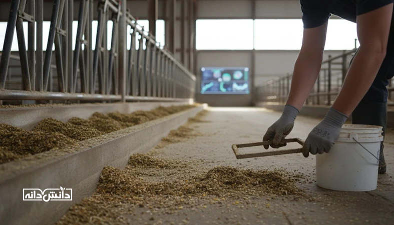 اندازه‌گیری ریزش و ضایعات خوراک در آخور دامداری با نمونه‌برداری از خوراک ریخته‌شده کنار خط آخور