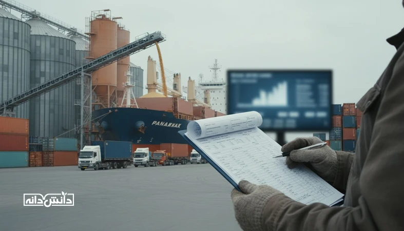 مقایسه اینکوترمز CFR و FOB در تجارت نهاده‌های دامی با نمای بندر، سیلو غلات و بارگیری کشتی فله