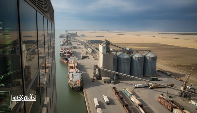 نمایی واقع‌گرا از بندر و سیلوهای غلات کنار مزرعه در شرایط تنش آب‌وهوایی، نماد ریسک‌های تغییر اقلیم بر بازار نهاده و لجستیک خوراک