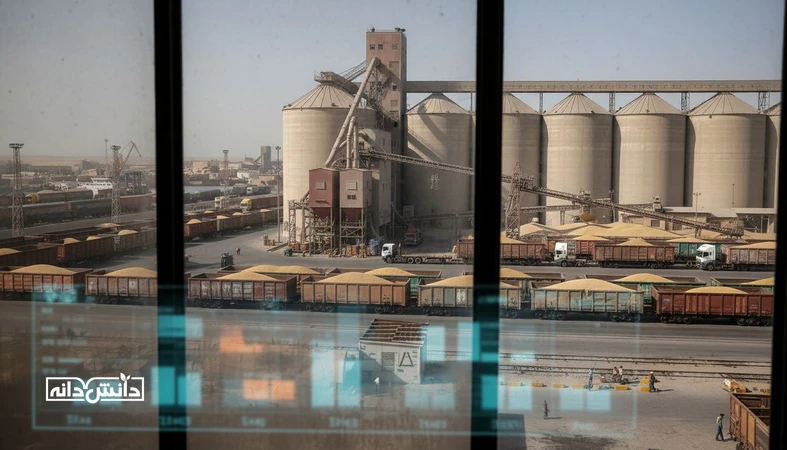 نمای مستند از سیلو و لجستیک غلات با حس داده‌محور برای نشان دادن نقش بورس کالا در شفافیت قیمت نهاده دامی