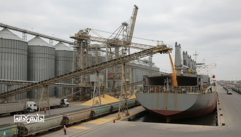 نمای مستند از بارگیری ذرت در بندر و سیلوهای صادراتی برای تحلیل عوامل اثرگذار بر قیمت FOB ذرت در بازار جهانی