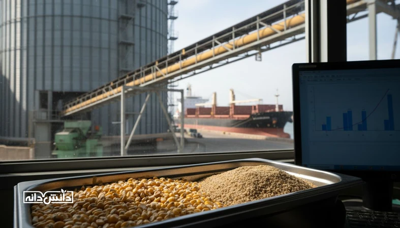 تصویر مستند از ذرت و کنجاله سویا در کنار سیلو و لجستیک بندری با پس زمینه نمودار محو، مناسب مقاله نسبت قیمت ذرت به سویا