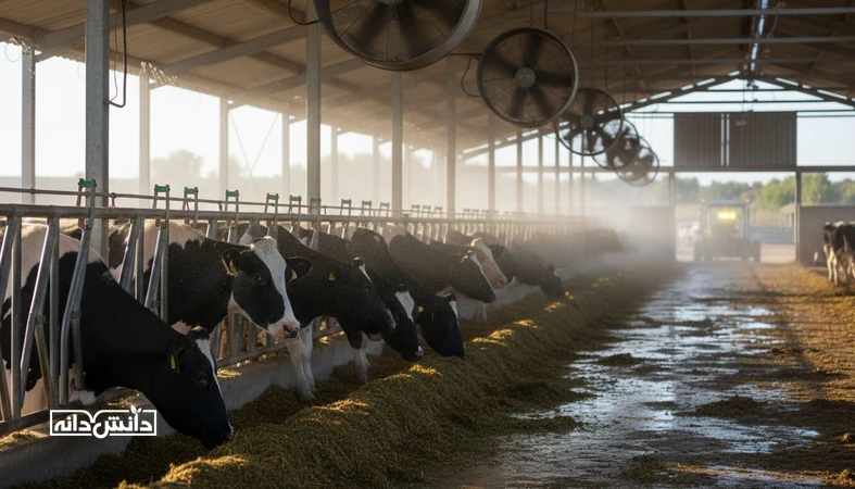 کنترل استرس گرمایی در گاوداری با فن و آب‌پاش در سالن گاو شیری و کاهش افت تولید شیر