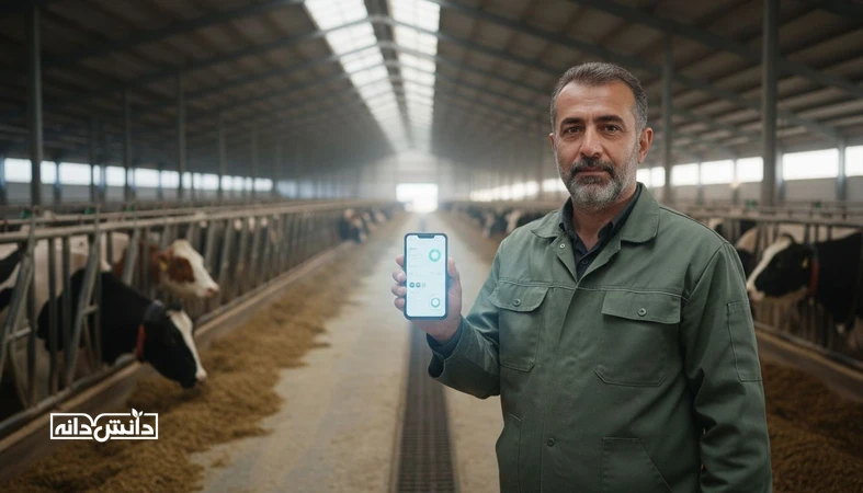 مدیر دامداری در حال بررسی داشبورد KPI روی موبایل در سالن گاوداری برای پایش شاخص‌های تولید، خوراک و سلامت گله
