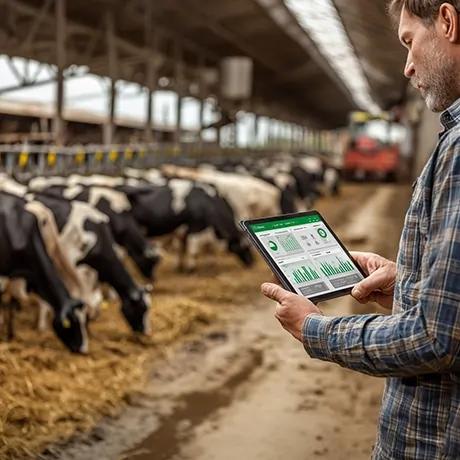 فردی در حال بررسی داده‌های مدیریتی و آمار دامداری از طریق تبلت، در یک محیط مزرعه با گاوهای در حال تغذیه.