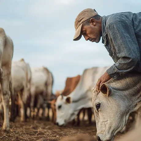 فردی در حال نظارت بر تغذیه گاوها و بررسی وضعیت آن‌ها در محیط مزرعه.