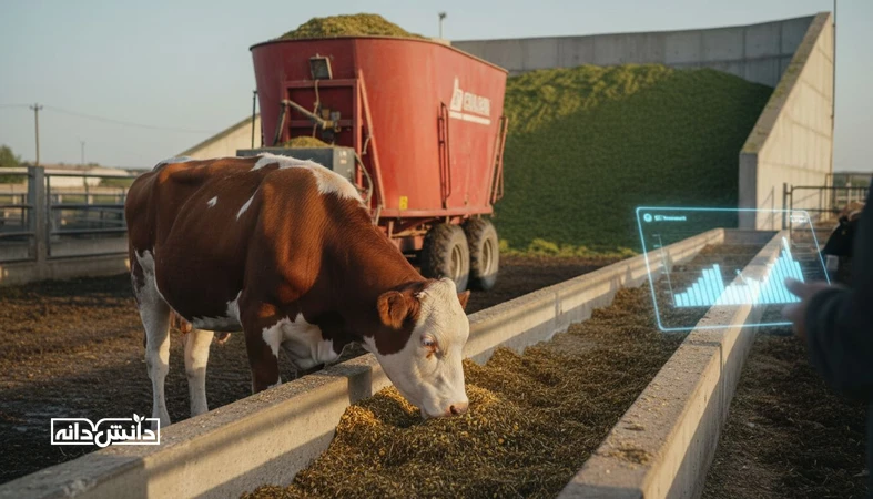 گوساله پرواری در دوره رشد کنار آخور با جیره مخلوط؛ تصویر مرتبط با جیره اقتصادی و کاهش هزینه خوراک بدون افت ADG