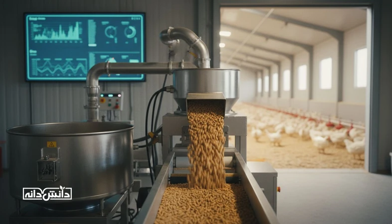 خط تولید خوراک طیور و پلت در کنار نمای مرغداری برای موضوع بهبود FCR با تنظیم نسبت انرژی به پروتئین و تعادل اسیدآمینه ها