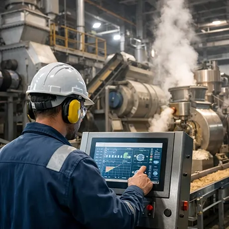 فردی در حال نظارت بر دستگاه تولید خوراک در کارخانه، با استفاده از صفحه نمایش دیجیتال برای کنترل فرآیند تولید و اندازه‌گیری داده‌ها.