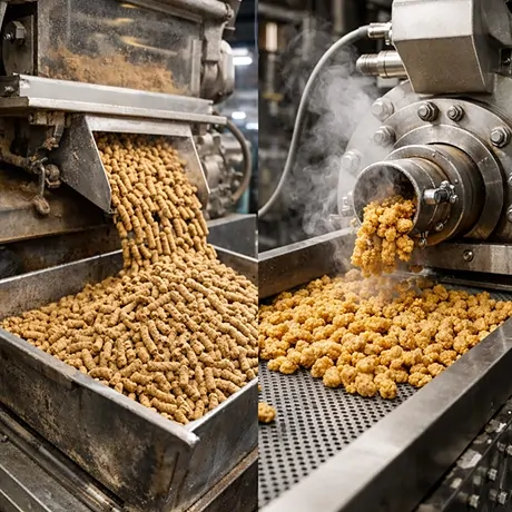 نمایی از دستگاه تولید خوراک که خوراک پلت شده را به بیرون می‌ریزد، در حالی که بخار از دستگاه‌ها خارج می‌شود.