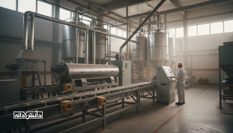 نمای صنعتی کارخانه خوراک دام با مسیرهای جداگانه مواد و تجهیزات تولید برای کنترل آلرژن‌ها و کاهش آلودگی متقاطع