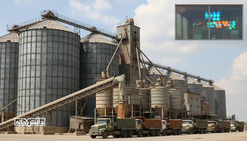 نمایی واقع‌گرایانه از سیلو غلات و کارخانه تولید خوراک با کامیون‌های بارگیری، مناسب مقاله ارزش‌گذاری کسب‌وکارهای زنجیره خوراک و شاخص‌های مالی