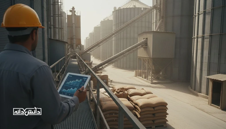 نمایی مستند از کارخانه خوراک و انبار غلات همراه با داشبورد تحلیلی محو برای نمایش تبدیل هزینه تمام شده خوراک به شاخص تصمیم گیری