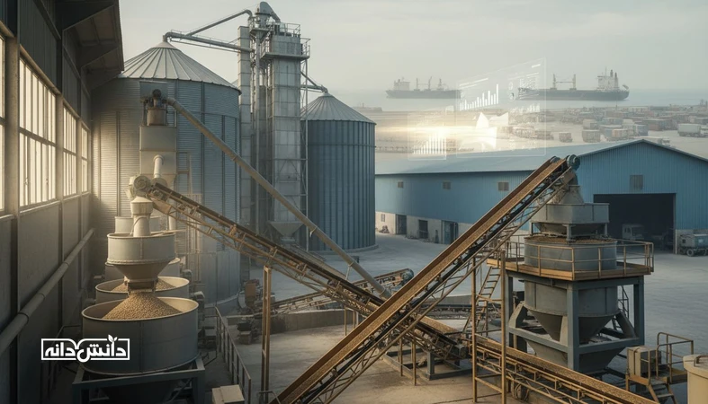 نمایی مستند از کارخانه خوراک دام و سیلوهای غلات با پس زمینه لجستیک بندری؛ تصویر مرتبط با سناریوی کاهش واردات نهاده و اثر آن بر قیمت و تولید