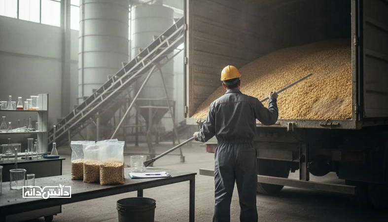 نمونه برداری استاندارد نهاده در کارخانه خوراک دام حین تخلیه کامیون برای کنترل کیفیت و گرفتن نمونه نماینده