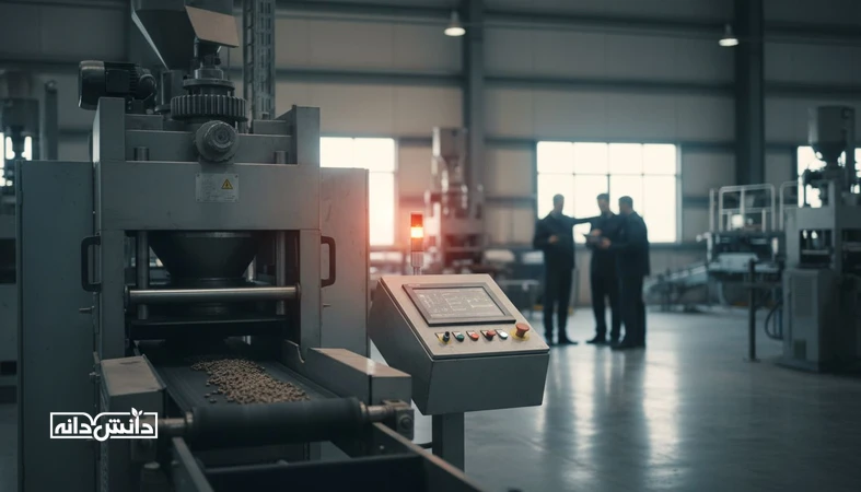 نمایی واقع گرایانه از توقف خط تولید کارخانه خوراک دام و طیور با تجهیزات پلت و انتقال مواد، مرتبط با مدیریت ریسک توقف خط و ریسک تامین