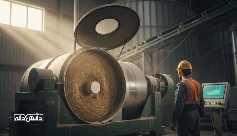 نمای داخلی کارخانه خوراک با میکسر افقی و فضای صنعتی برای موضوع زمان اختلاط بهینه و تست یکنواختی خوراک با CV