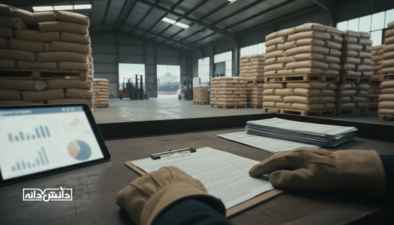 انبار و لجستیک نهاده دامی در بندر با اسناد قرارداد خرید؛ تصویر مرتبط با اثر تغییر سیاست توزیع نهاده بر ریسک قراردادی، قیمت و تحویل