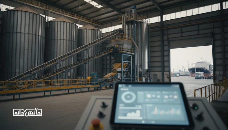 نمای صنعتی کارخانه خوراک و سیلوهای غلات با حس تحلیل داده، مرتبط با طراحی سناریو برای قیمت خوراک و بودجه بندی نهاده
