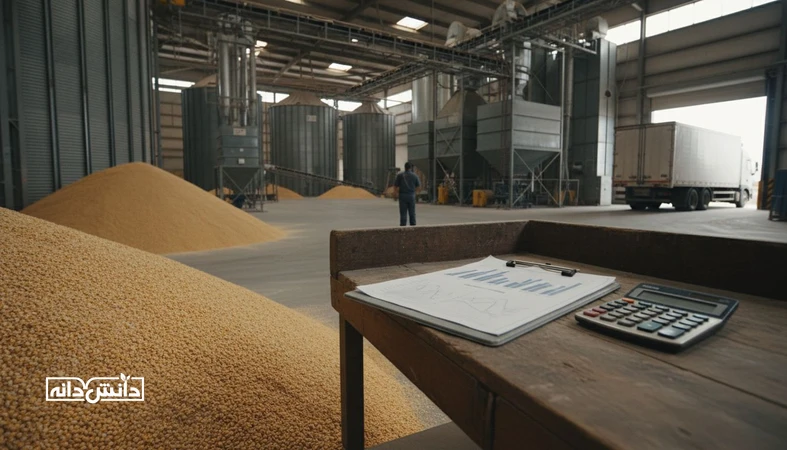 صحنه صنعتی از انبار نهاده و کارخانه خوراک با نمودارها و ماشین حساب برای مدل پیش بینی قیمت نهاده با داده‌های ساده