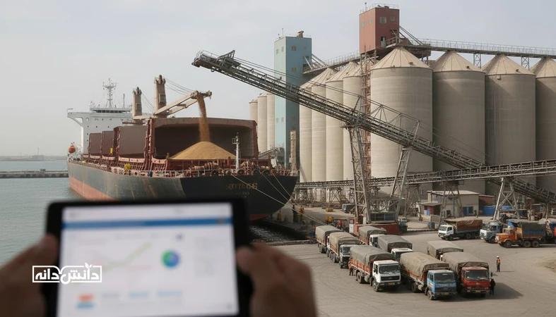 نمایی مستند از بندر، سیلو و حمل نهاده‌های دامی با پس‌زمینه داشبورد تحلیلی محو؛ تصویر مرتبط با شاخص‌های پیش‌نگر جهش قیمت نهاده در ایران