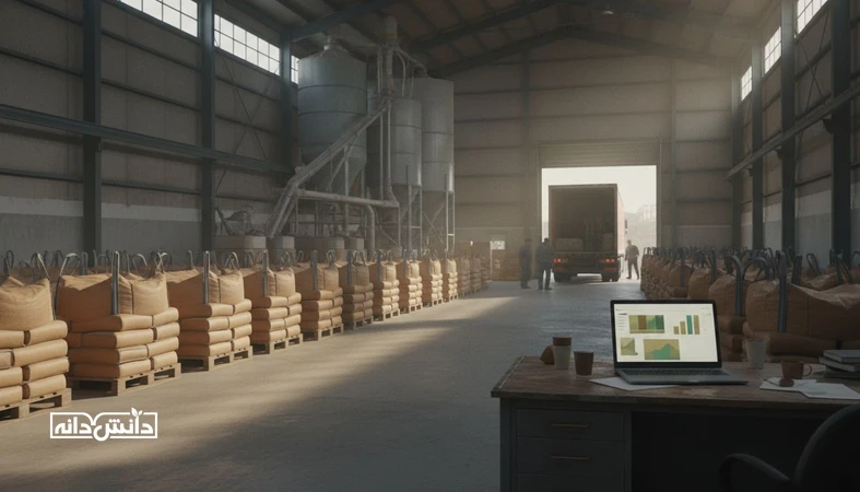 انبار نهاده و سیلو در کنار لپ تاپ با داشبورد محو برای تحلیل KPIهای خرید نهاده و مدیریت ریسک تامین
