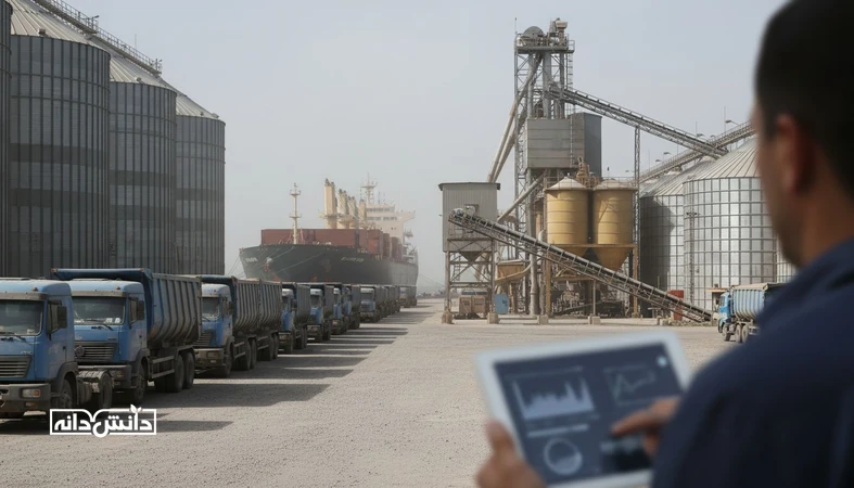 نمایی مستند از سیلوهای غلات، بندر و کارخانه خوراک دام که مفهوم سیاست‌های حمایتی نهاده و افزایش هزینه واقعی در زنجیره تامین را نشان می‌دهد