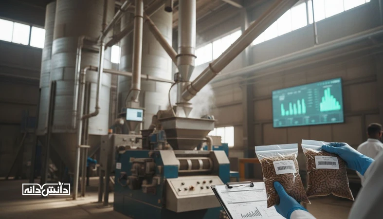 نمای صنعتی کارخانه خوراک دام با نمونه برداری و کدگذاری بچ برای ردیابی و آمادگی ممیزی