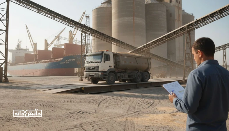 نمای واقع‌گرایانه از بندر و سیلوهای غلات با باسکول و عملیات تخلیه؛ مرتبط با قرارداد حمل نهاده، بندهای وزن، تاخیر، دموراژ و خسارت