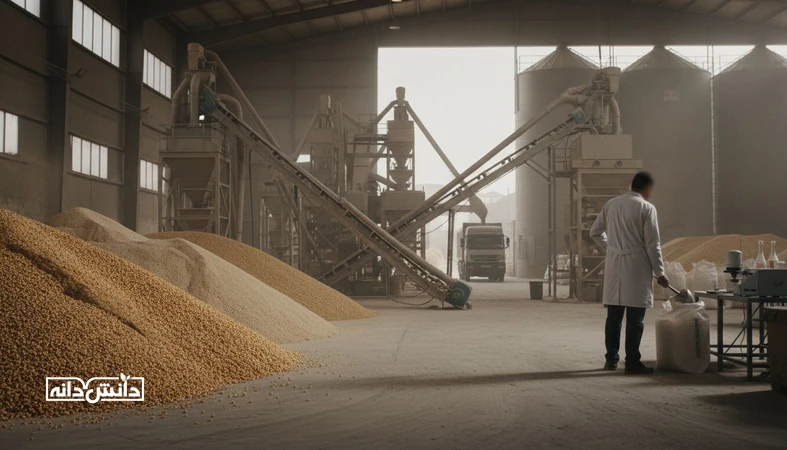 صحنه صنعتی زنجیره خوراک دام ایران با انبار نهاده، کارخانه خوراک و نمونه برداری کنترل کیفیت برای ایده های استارتاپی و حل مسائل بازار