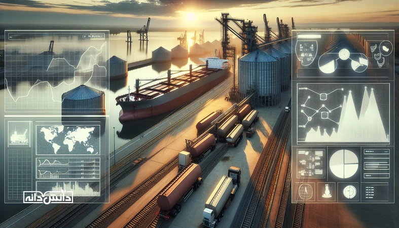 بندر غلات و کشتی فله‌بر در کنار سیلوها برای نمایش اثر شاخص‌های حمل‌ونقل دریایی بر قیمت نهاده‌های دامی