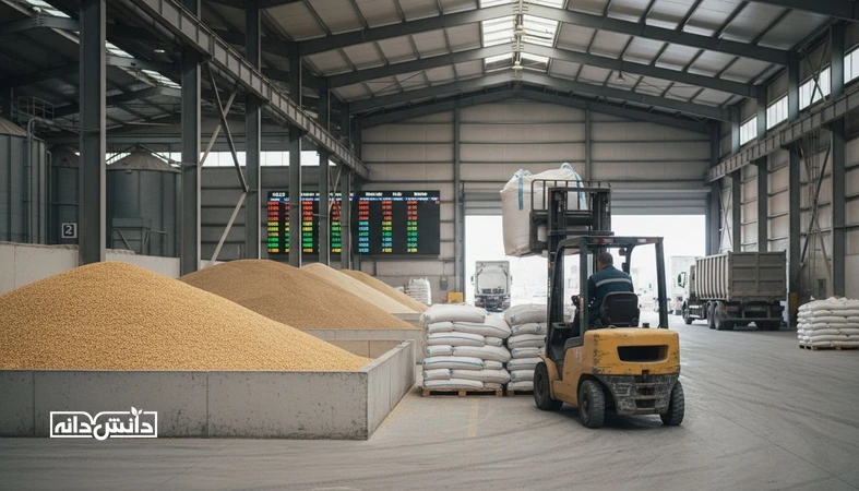 نمای مستند از انبار و کارخانه خوراک دام با ذرت و کنجاله سویا و اشاره بصری به نوسان ارز؛ مرتبط با اثر سیاست ارزی بر قیمت نهاده و تصمیم خرید سناریومحور