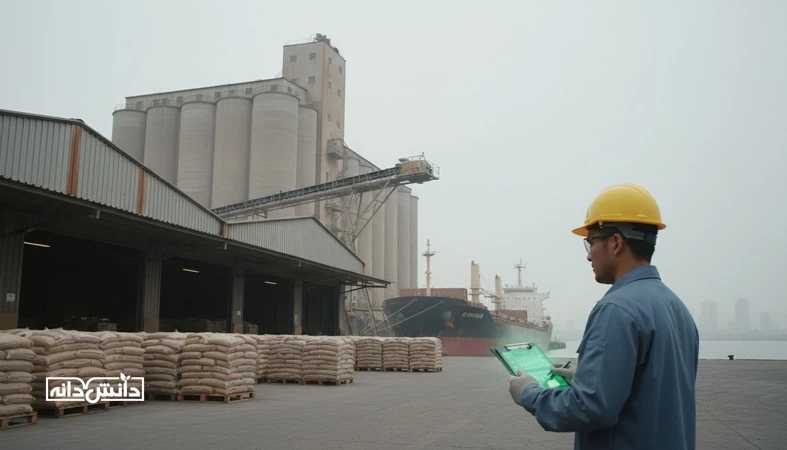 نمایی مستند از سیلو و بندر واردات غلات با حس تحلیل داده‌محور، مرتبط با نوسان سیاست ارزی و زمان‌بندی خرید فصلی نهاده