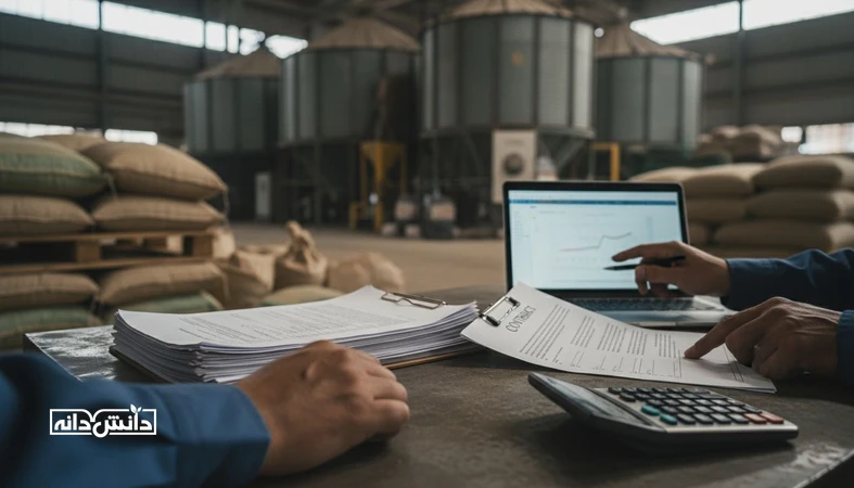 جلسه بررسی قرارداد خرید نهاده دامی با نمودار محو نرخ ارز در پس زمینه، برای مدیریت ریسک تغییر نرخ ارز و تعدیل قیمت