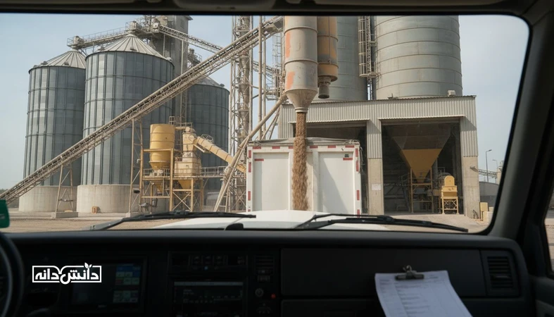 نمای صنعتی از کارخانه خوراک دام و سیلوهای غلات در زنجیره تأمین، مرتبط با استاندارد GMP+ و مزیت آن برای صادرات و اعتبار B2B