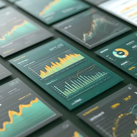 چندین صفحه‌نمایش داده‌های تجزیه و تحلیل مالی و اقتصادی، شامل نمودارها و گراف‌های رنگی با اطلاعات مختلف