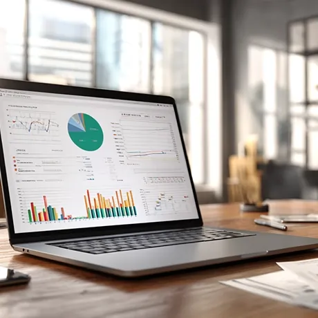 لپ‌تاپی روی میز کاری با نمایش گراف‌ها و نمودارهای آماری در حال بررسی گزارش‌های تحلیلی و تجزیه و تحلیل داده‌ها.