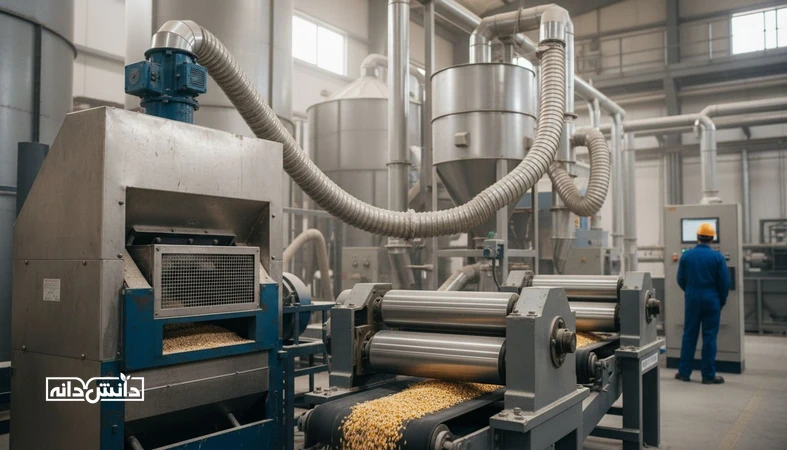 نمای واقعی بخش آسیاب کارخانه خوراک دام با آسیاب چکشی و آسیاب غلطکی برای مقایسه کیفیت ذره، گردوغبار و مصرف انرژی