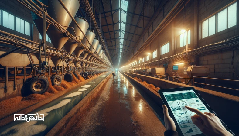 نمای واقع‌گرایانه از دامداری و مسیر خوراک‌دهی با سیلاژ و میکسر، مرتبط با کاهش هزینه‌های پنهان دامداری بدون افت تولید