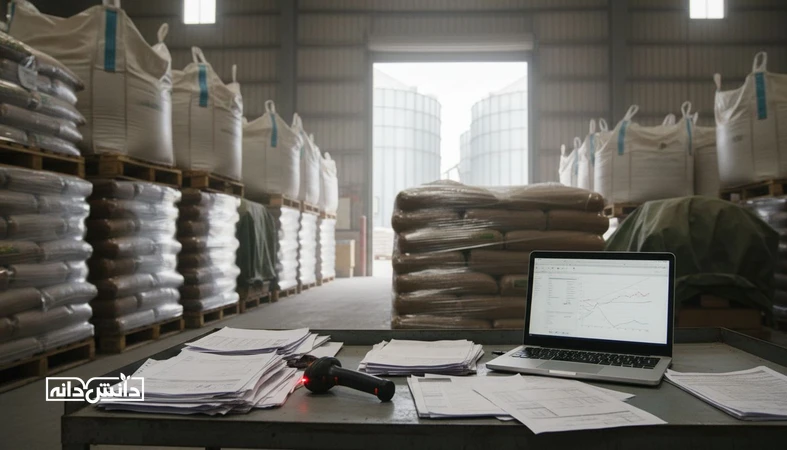 نمای مستند از انبار بندری نهاده‌های دامی و میز بررسی اسناد برای طبقه‌بندی HS Code و مدیریت ریسک گمرکی در واردات خوراک دام و طیور