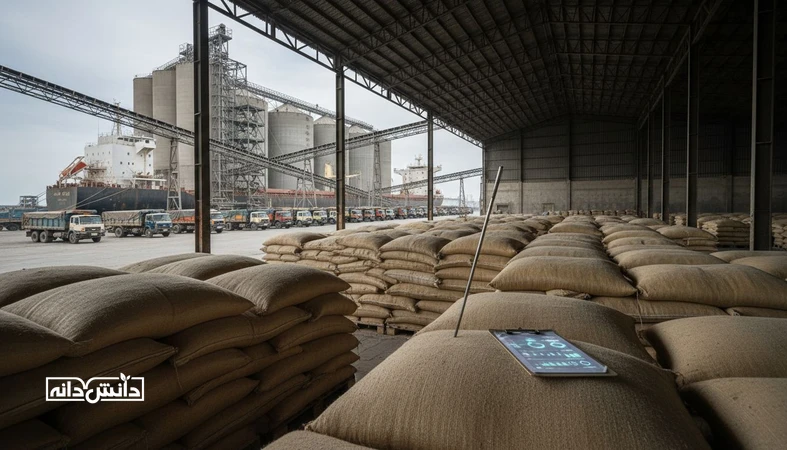 نمایی مستند از بندر و سیلوهای غلات با کامیون های حمل نهاده، مرتبط با اثر محدودیت واردات بر قیمت نهاده های دامی در یک فصل بازار