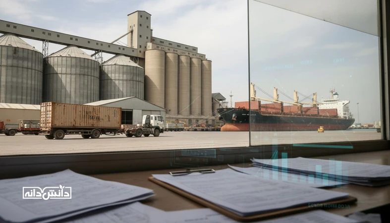 نمایی مستند از بندر و انبار نهاده‌های دامی با اسناد واردات روی میز؛ اشاره به مدارک کلیدی از قرارداد تا ترخیص در گمرک